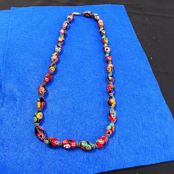Vintage Venetian Glass Murano Colorful Millefiori Bead Hand Knotted Necklace - Picture 4 of 9